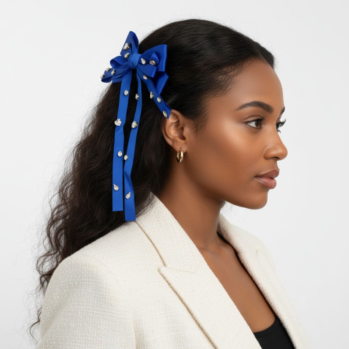 SGRHO Blue and Crystal Large Ribbon Bow Hair Clip