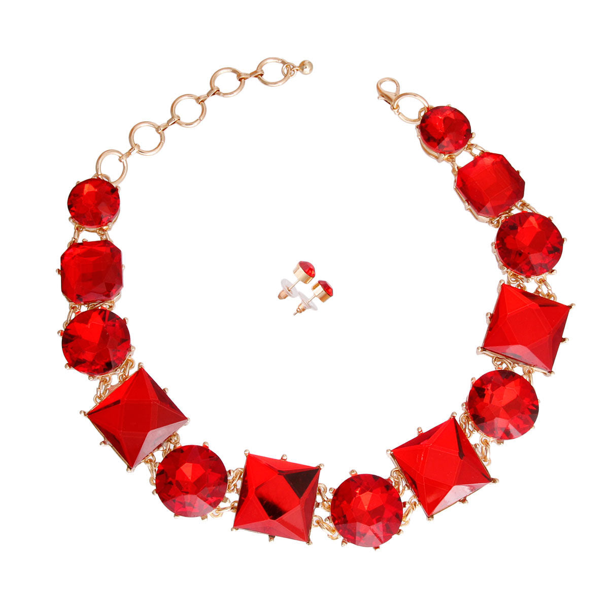 Chunky Gold Metal Red Crystal Collar Necklace Set