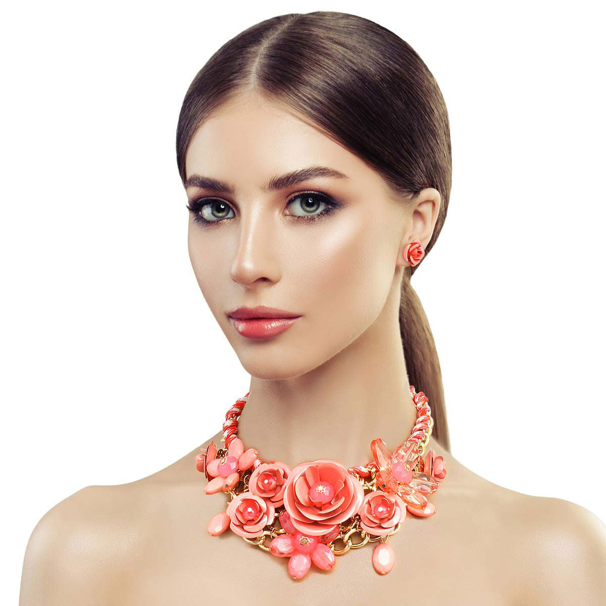 Dark Coral Rose Collar Necklace Set