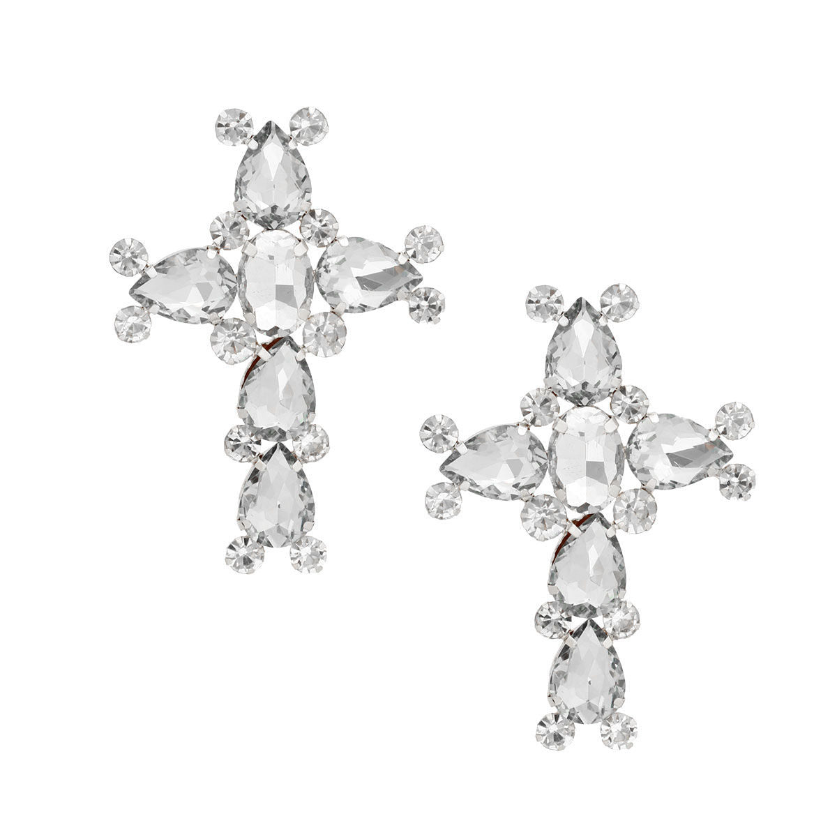 Silver Teardrop Crystal Cross Studs