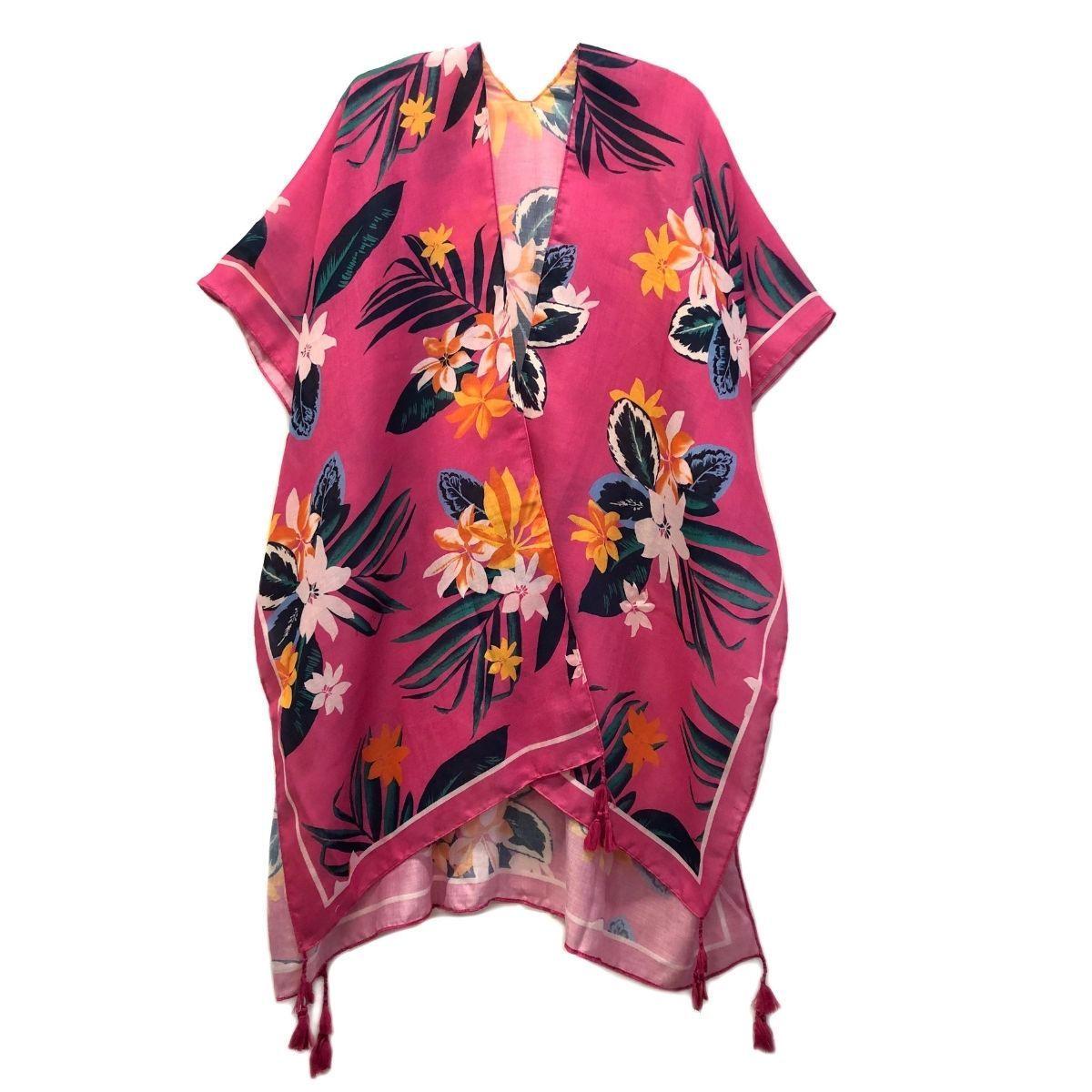 Fuchsia Tropical Floral Tassel Kimono