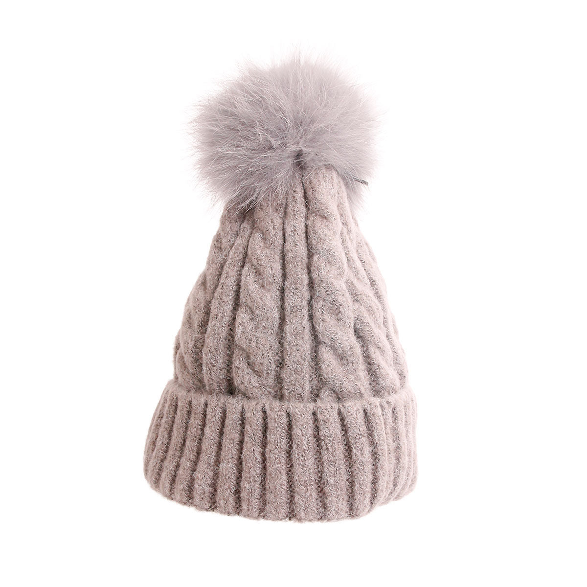 Gray Fox Fur Pom Beanie