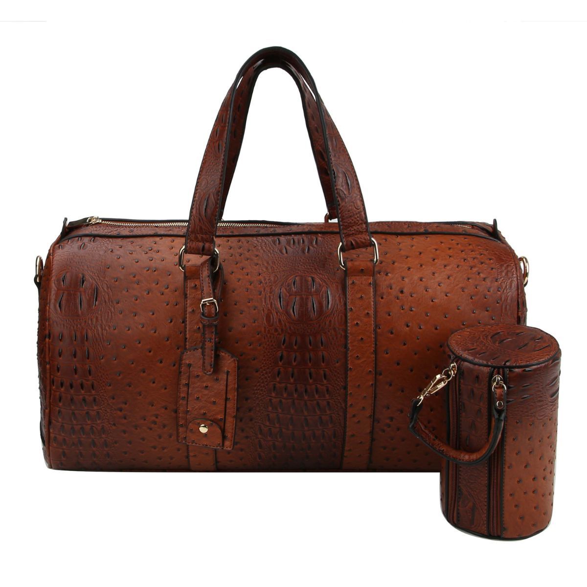 Brown Ostrich Weekender Duffel Bag