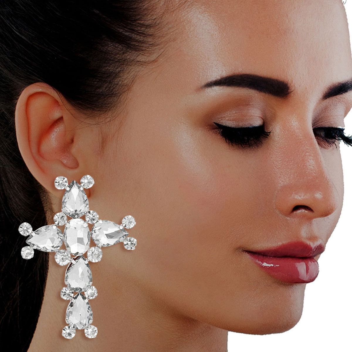 Silver Teardrop Crystal Cross Studs