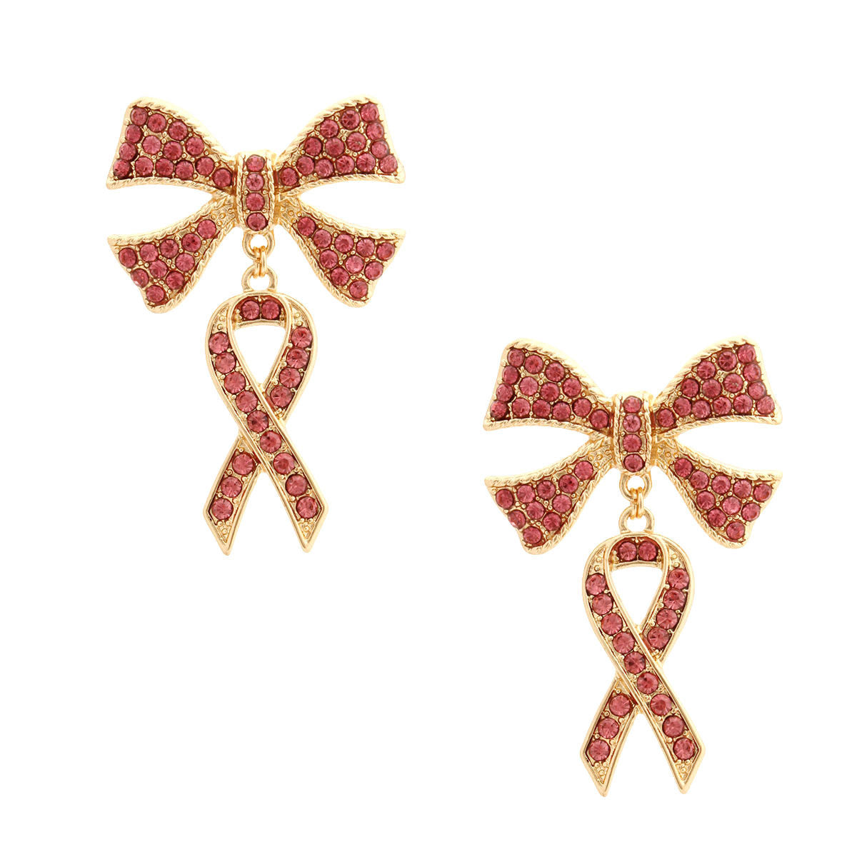 Double Pink Ribbon Gold Earrings