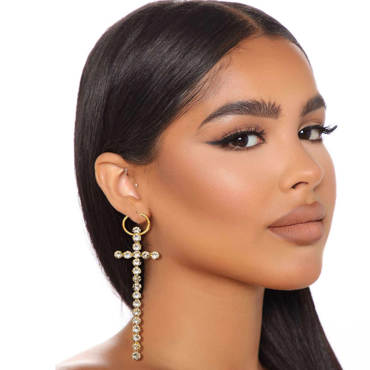 Gold Baby Hoop Earrings with Long Rhinestone Cross