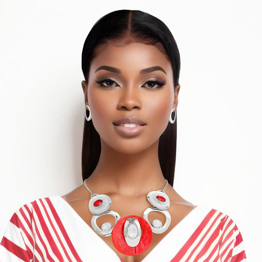 Necklace Red White Circular Bib for Women