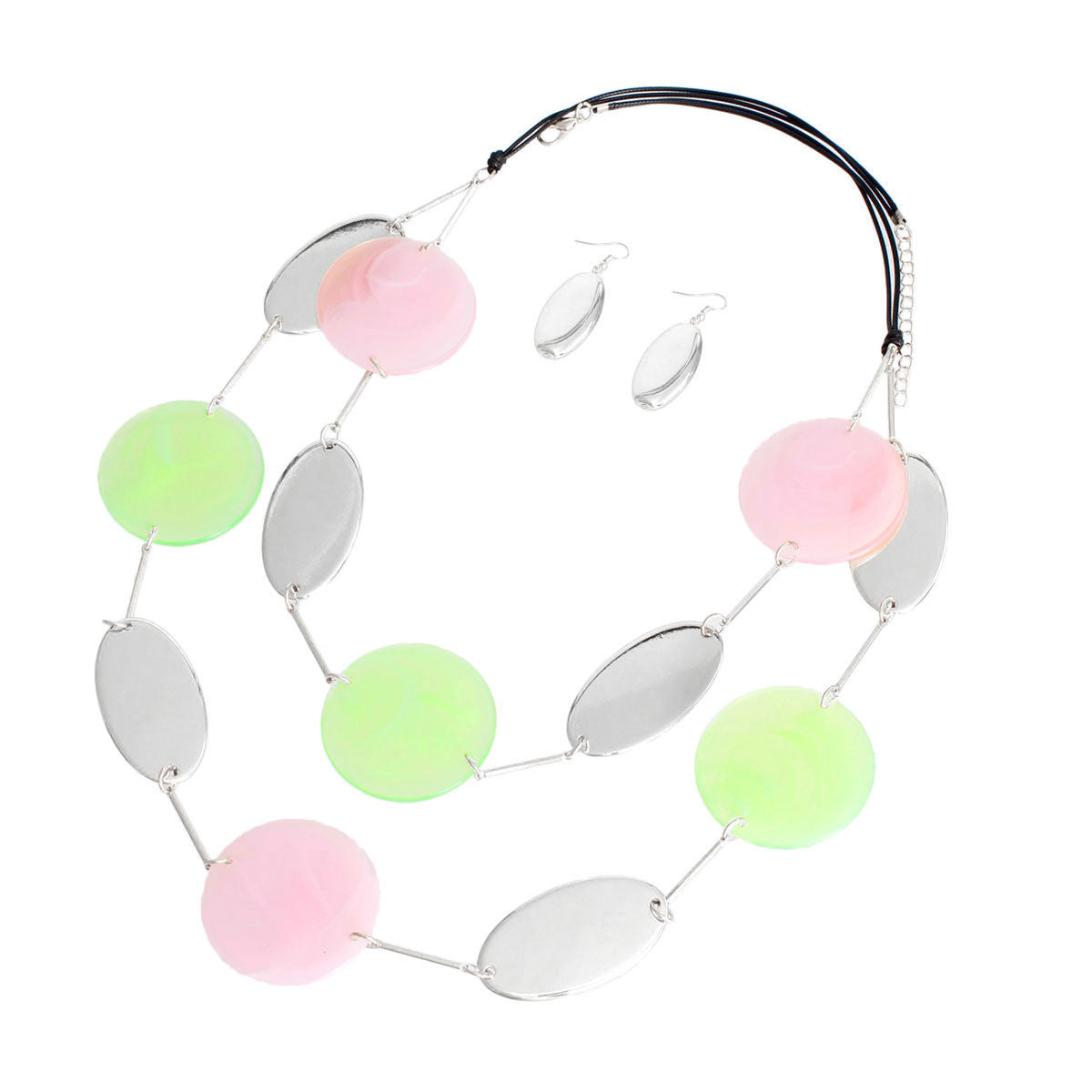 Pink Green Silver Disc Necklace