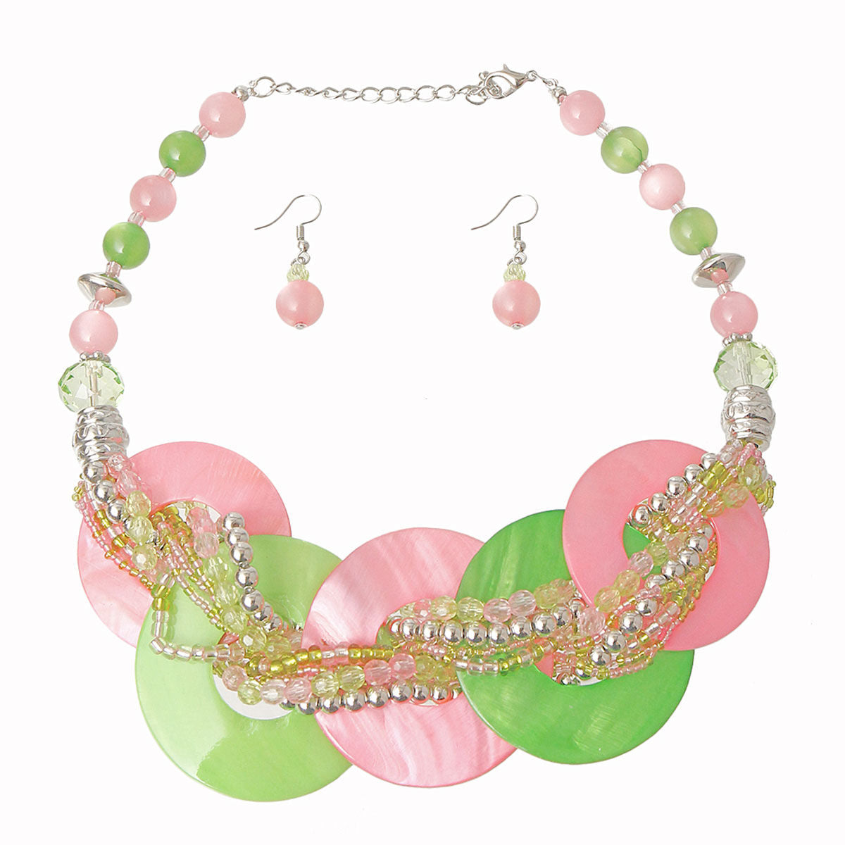 Pink and Green Beaded Disc Necklace Set