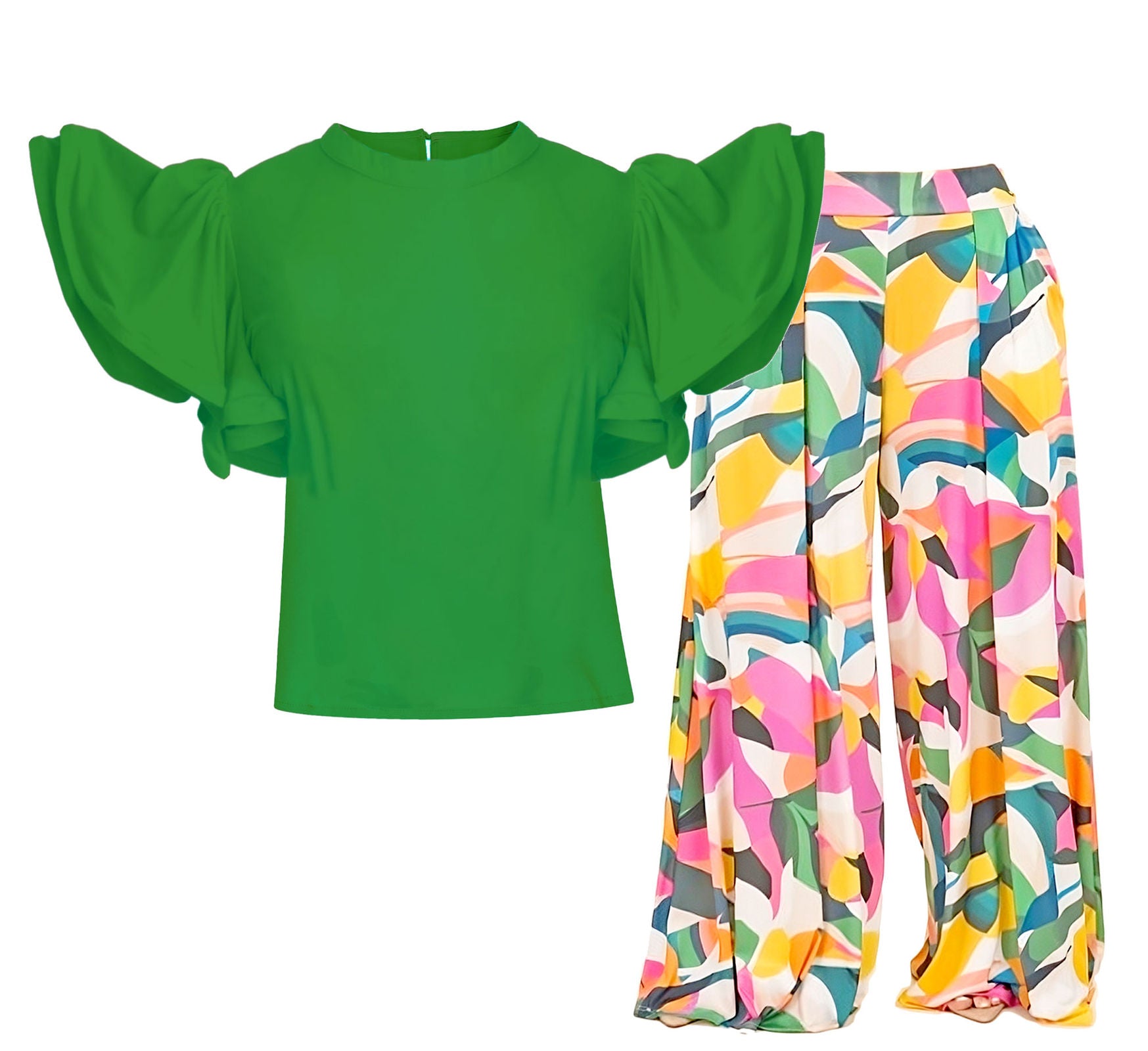 4XL Green Ruffle Geometric Pant Set