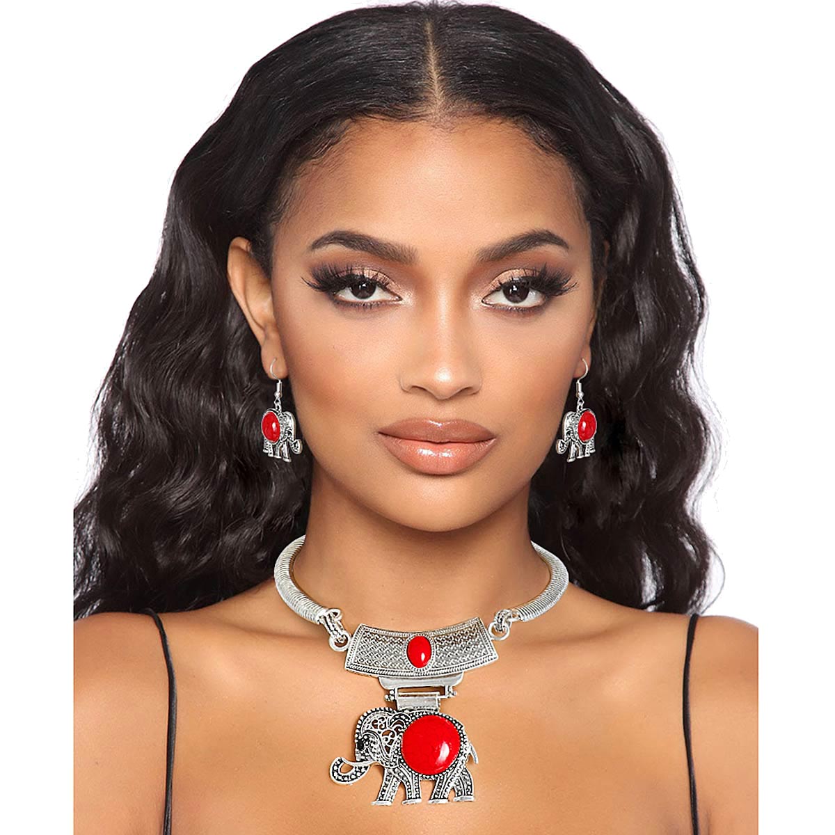 Burnished Silver Red Elephant Choker Set