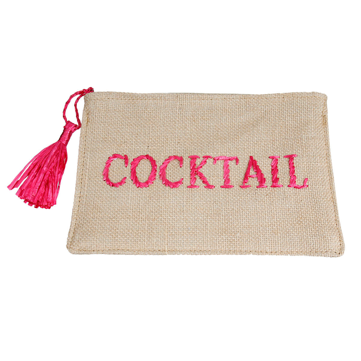 Burlap Clutch with Pink Raffia COCKTAIL Stitching