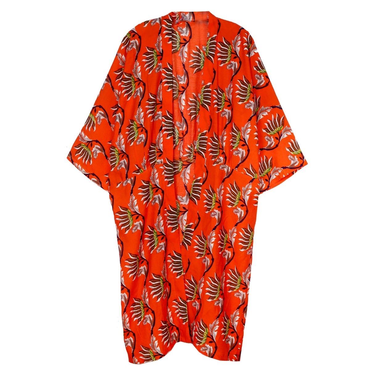 Orange Oriental Flower Long Kimono