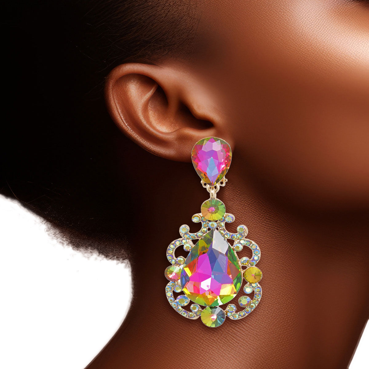 Clip On Pink Green Medium Crystal Earrings Women