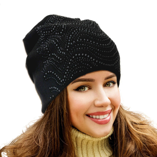 Black Beaded Slouch Beanie