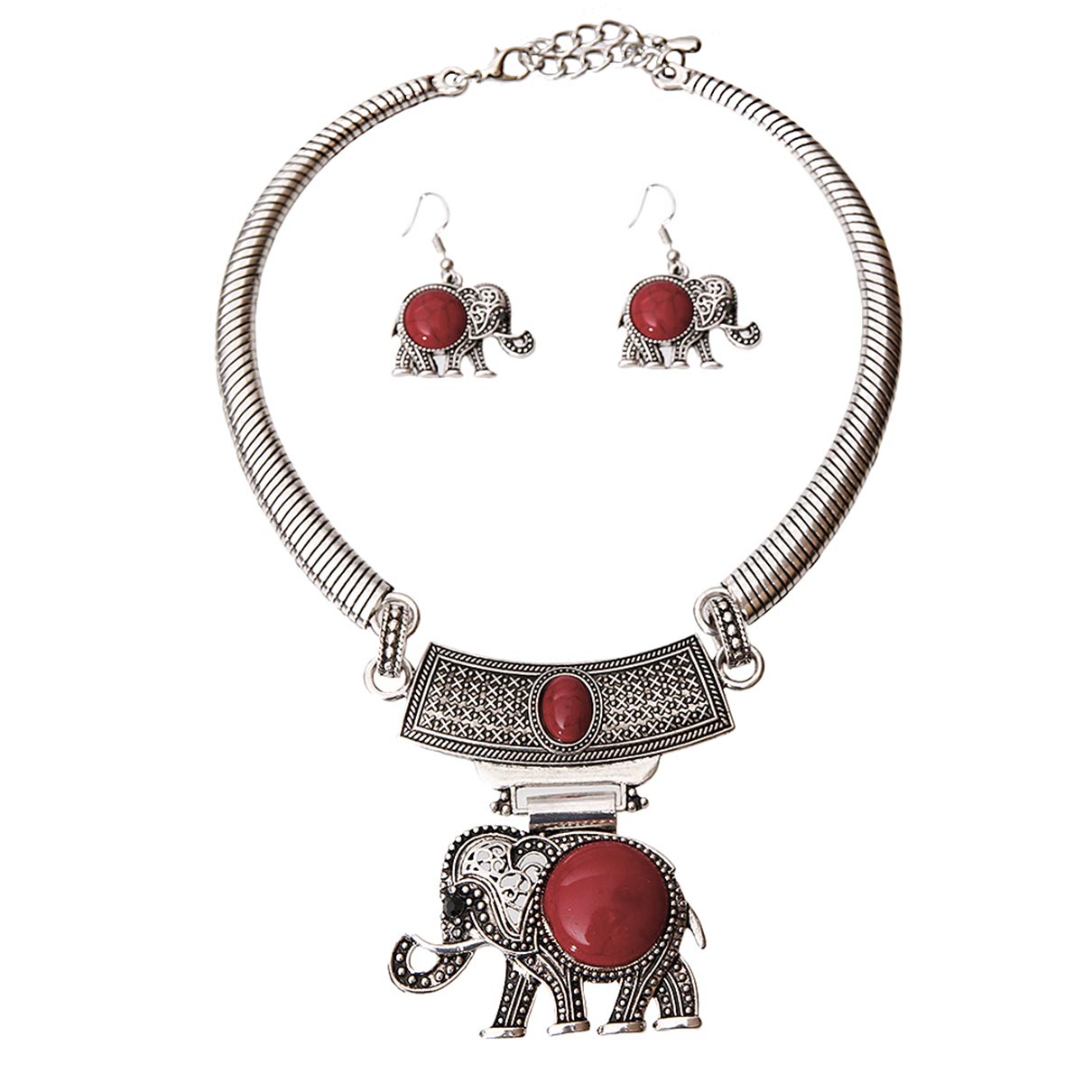 Burnished Silver Red Elephant Choker Set