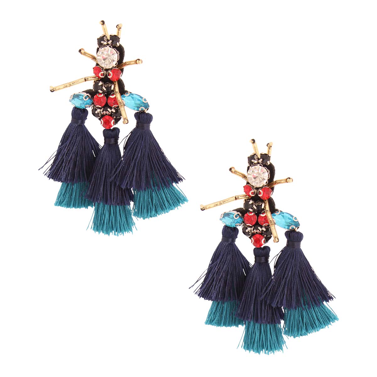 Rhinestone and Tassel Navy Bee Earrings