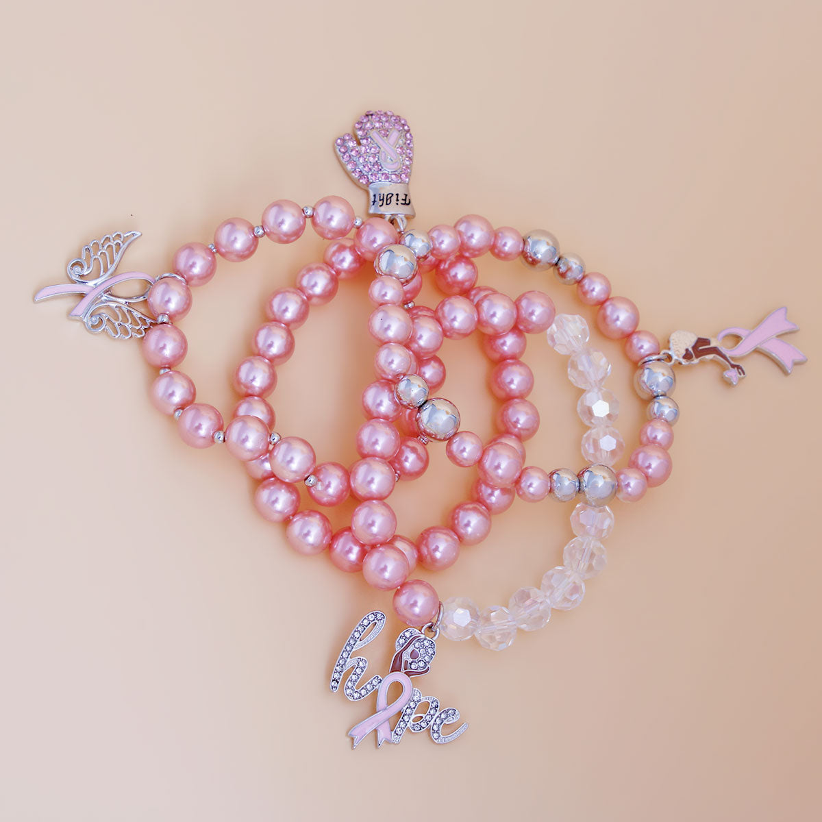 Light Pink Pearl Cancer Charm Bracelets