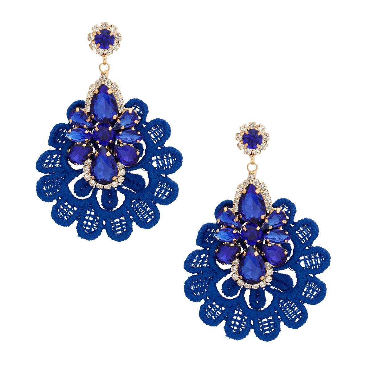 Royal Blue Fabric Lace Crystal Earrings