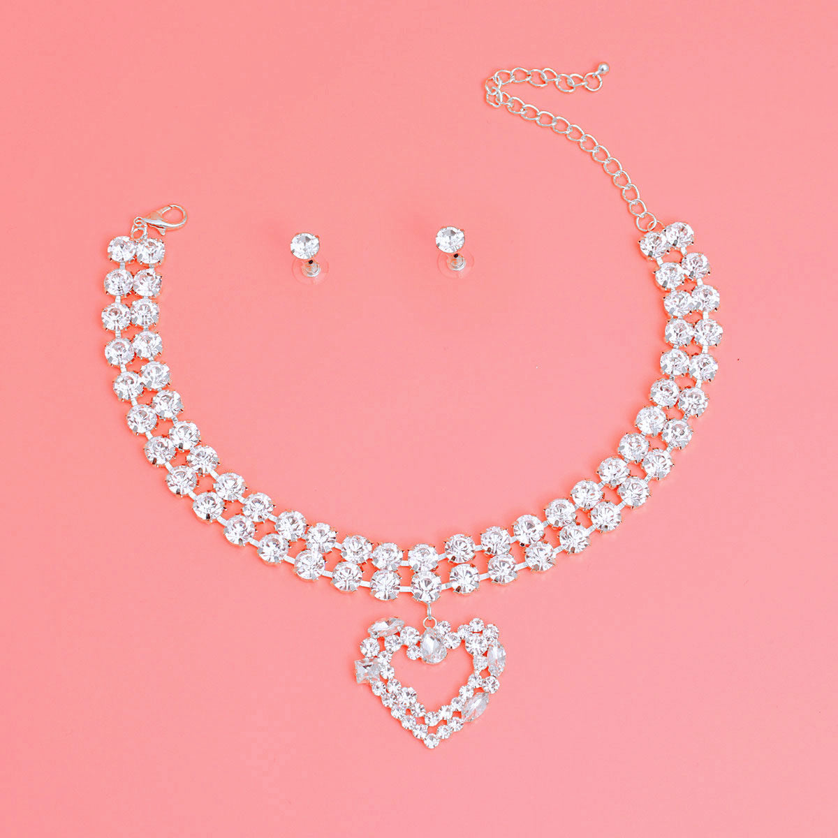 Silver Crystal 2 Row Heart Choker Set