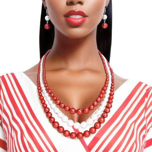 Pearl Necklace Red White 3 Strand for Women