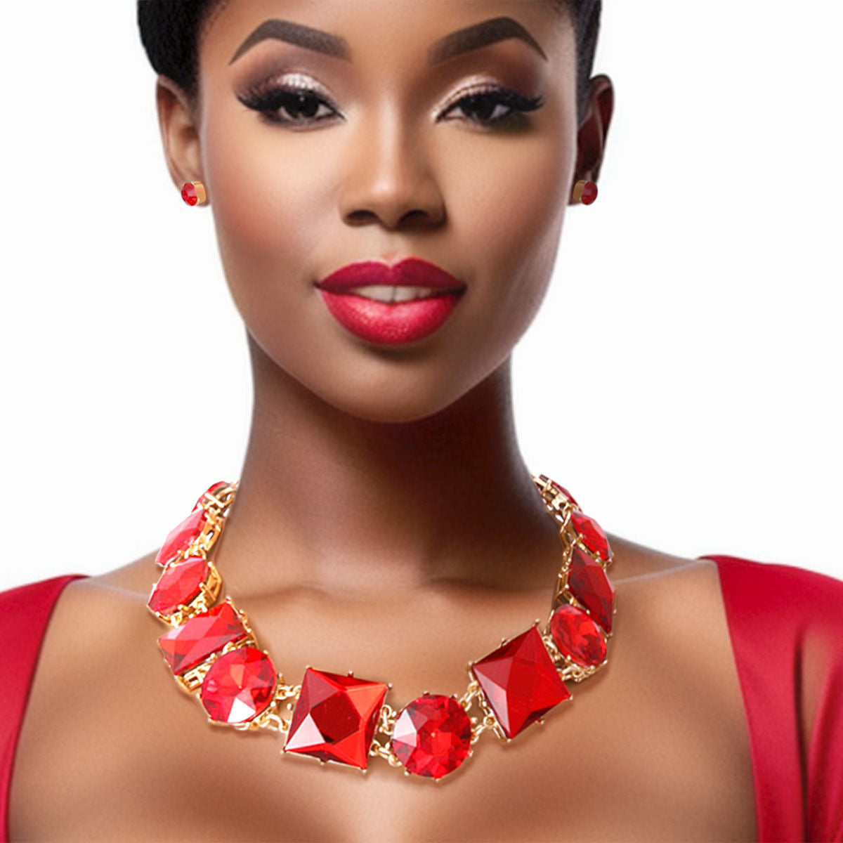 Chunky Gold Metal Red Crystal Collar Necklace Set