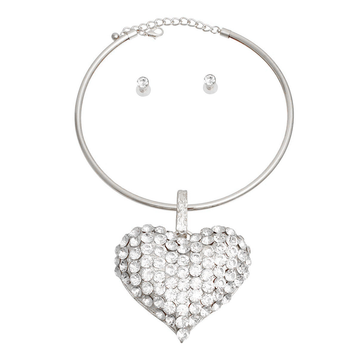 Silver Rigid Collar XL Rhinestone Heart Set