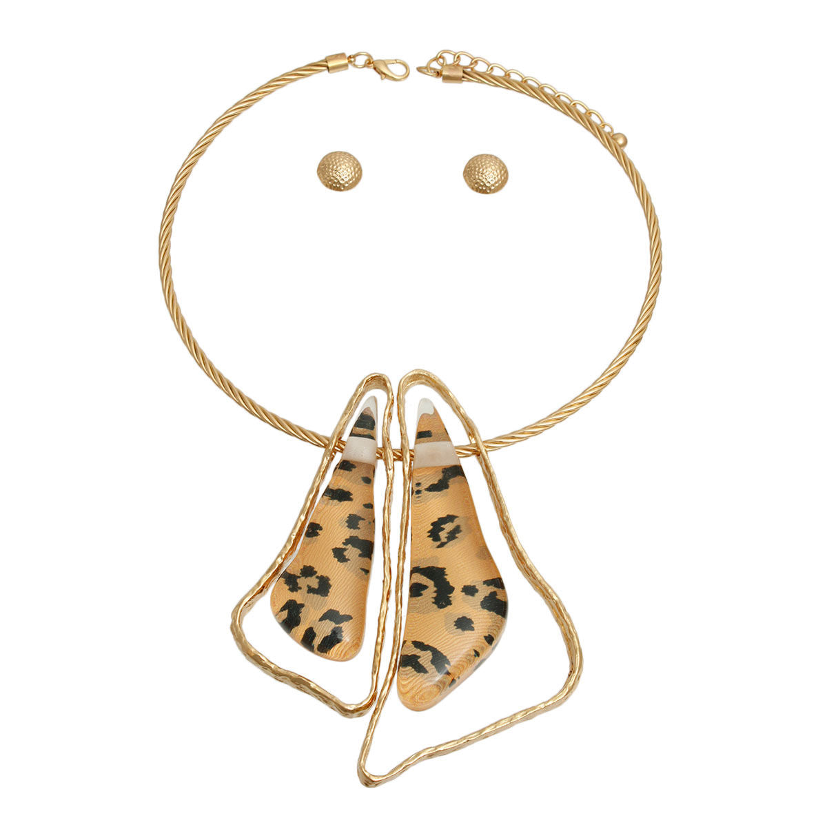 Wild Elegance: Gold Twisted Metal Necklace Set with Leopard Print Accents