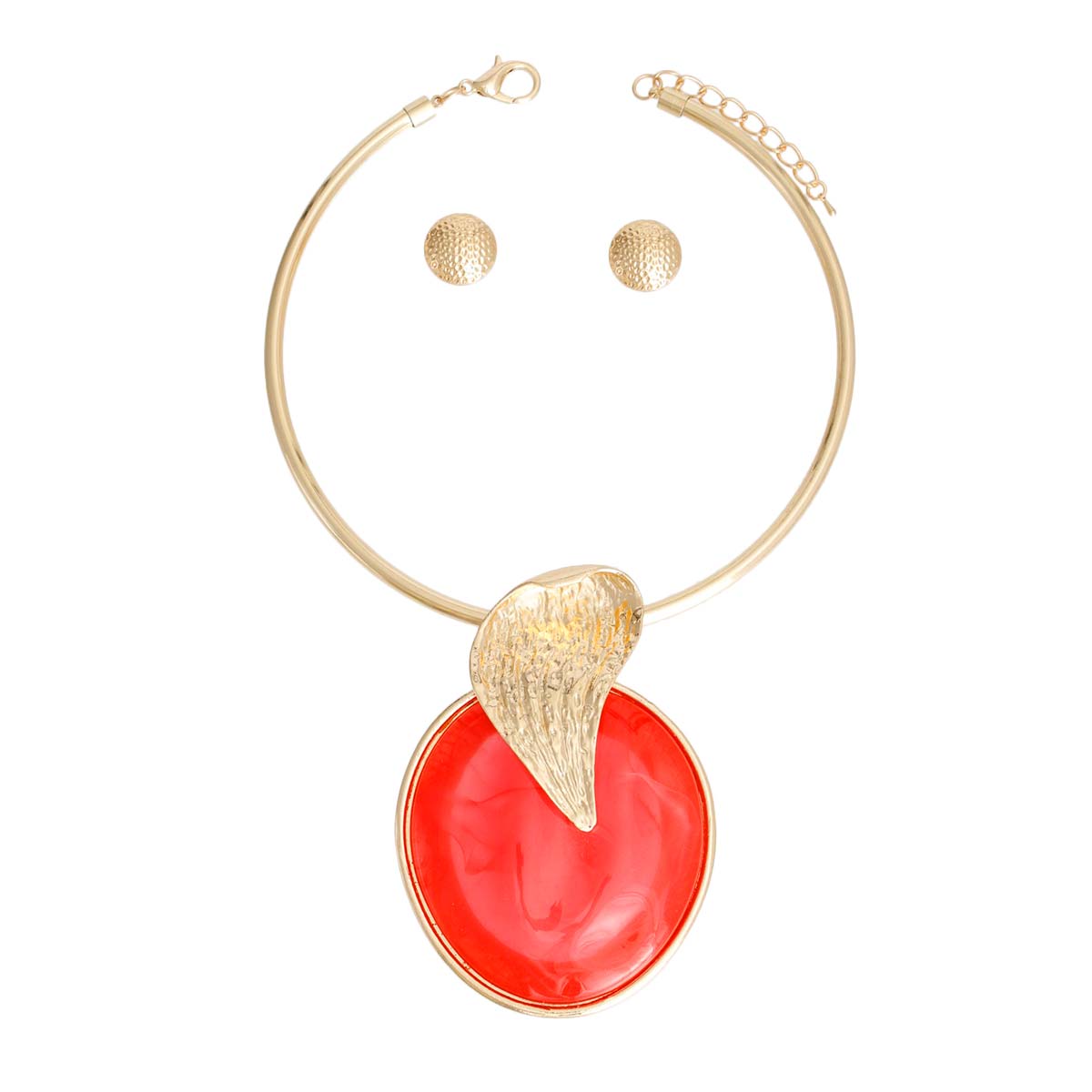 Gold Curved Leaf Red Pendant Set