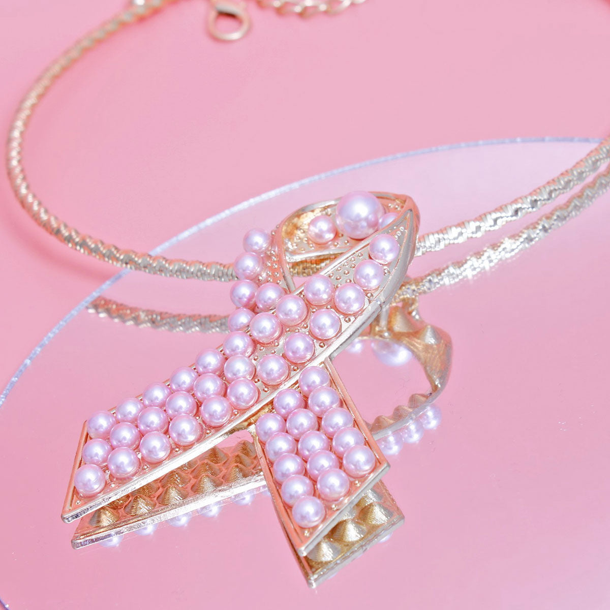 Gold Pink Pearl Cancer Ribbon Pendant Collar