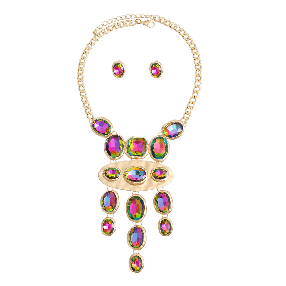 Pendant Necklace Pink Green Oval Crystal Set Women