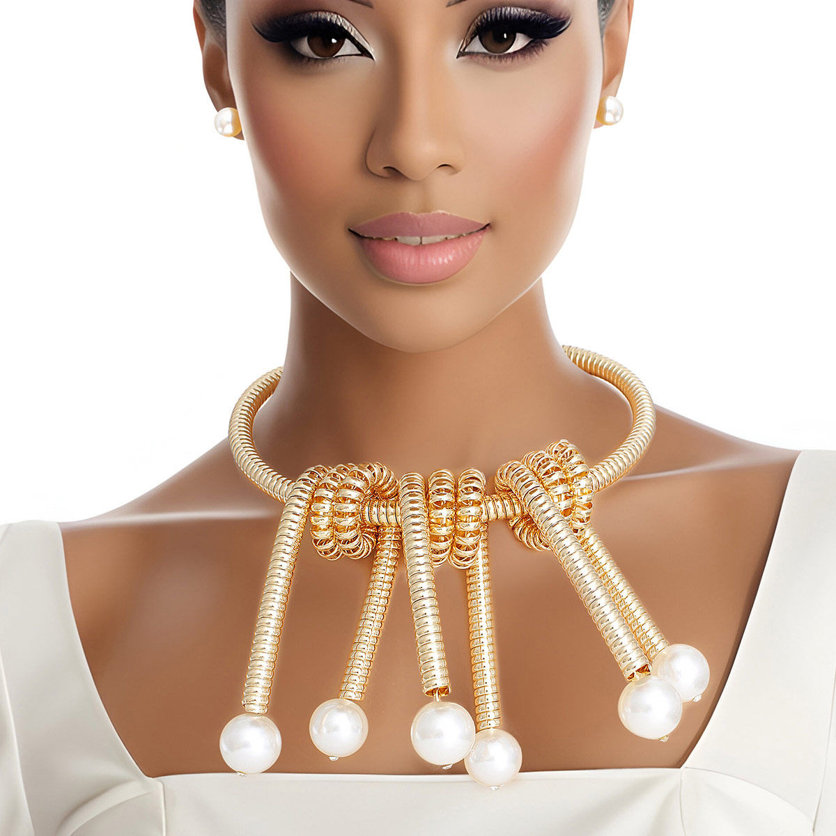 Necklace Gold Spiral Pearl Statement Set for Women