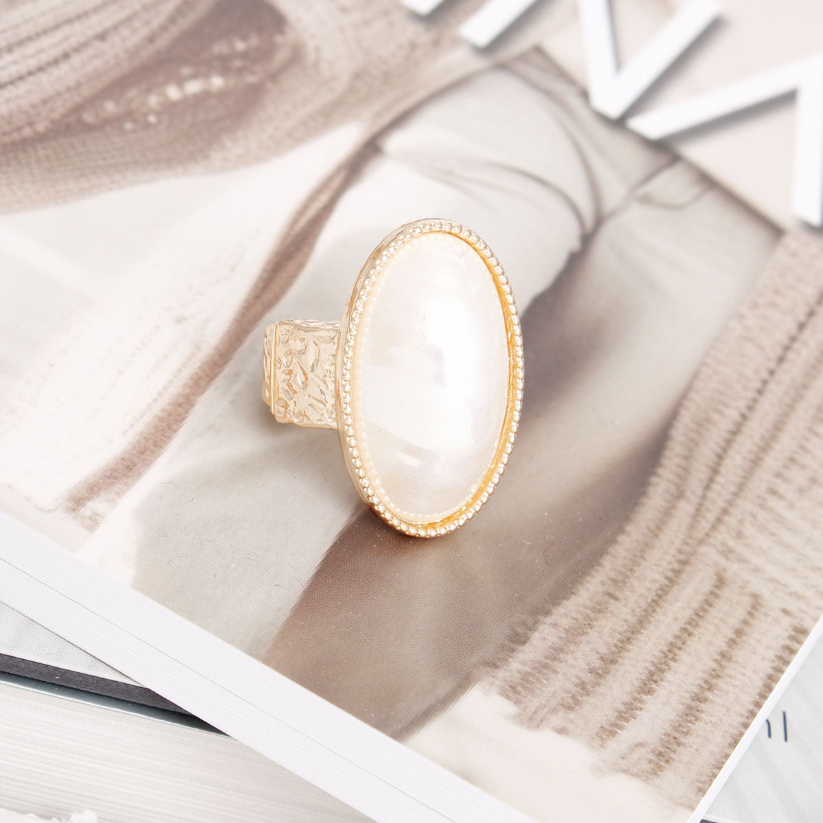 Ring Gold Pearl Oval Cocktail Ring for Women