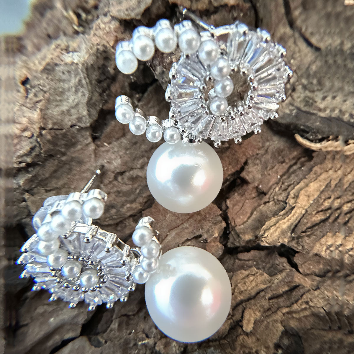 14K White Gold CZ Drop Pearl Earrings