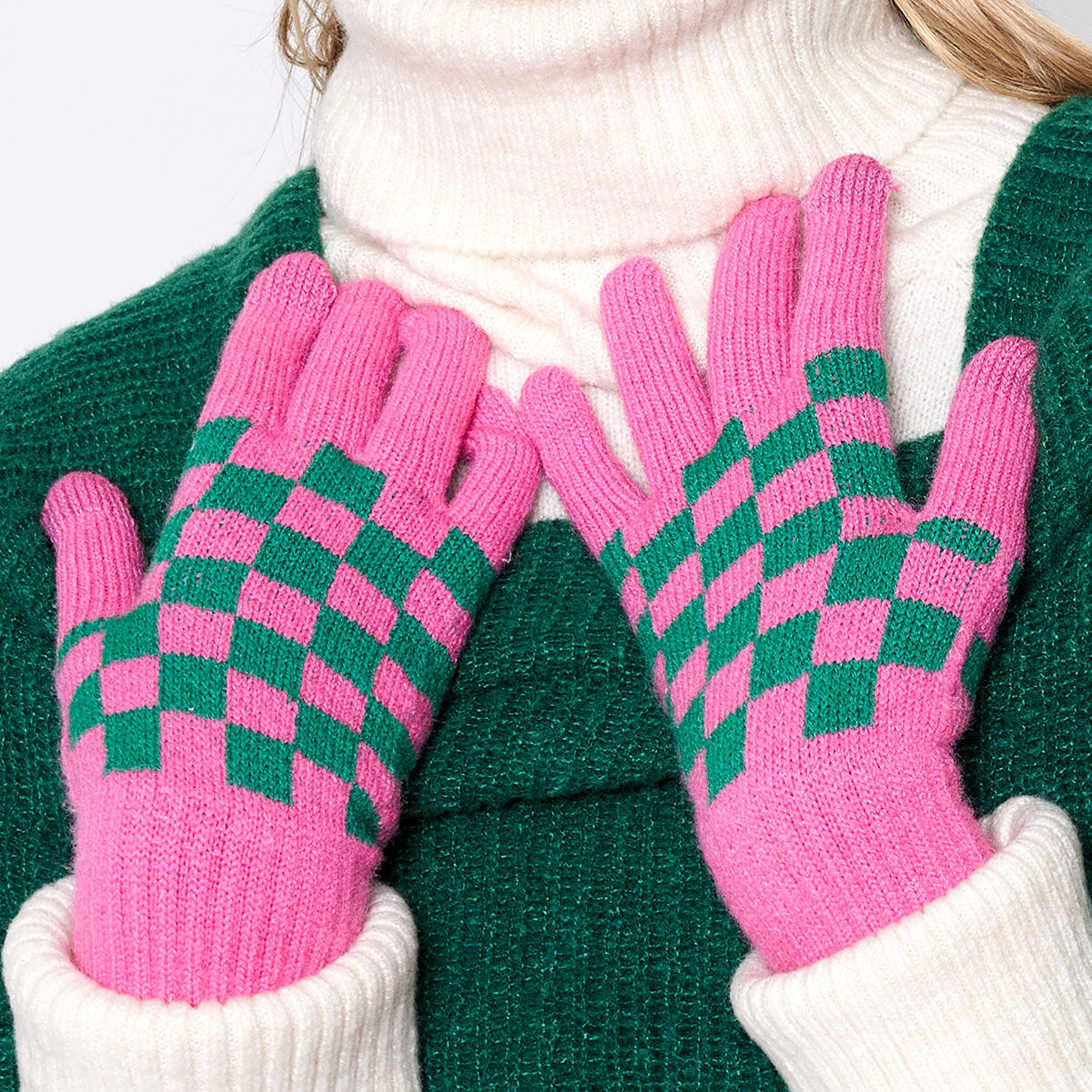 Gloves Pink Green Checkerboard Gloves for Women