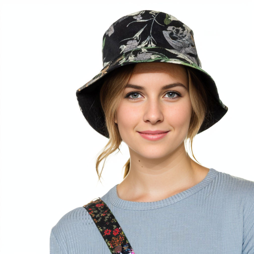 Black Floral Art Reversible Bucket Hat