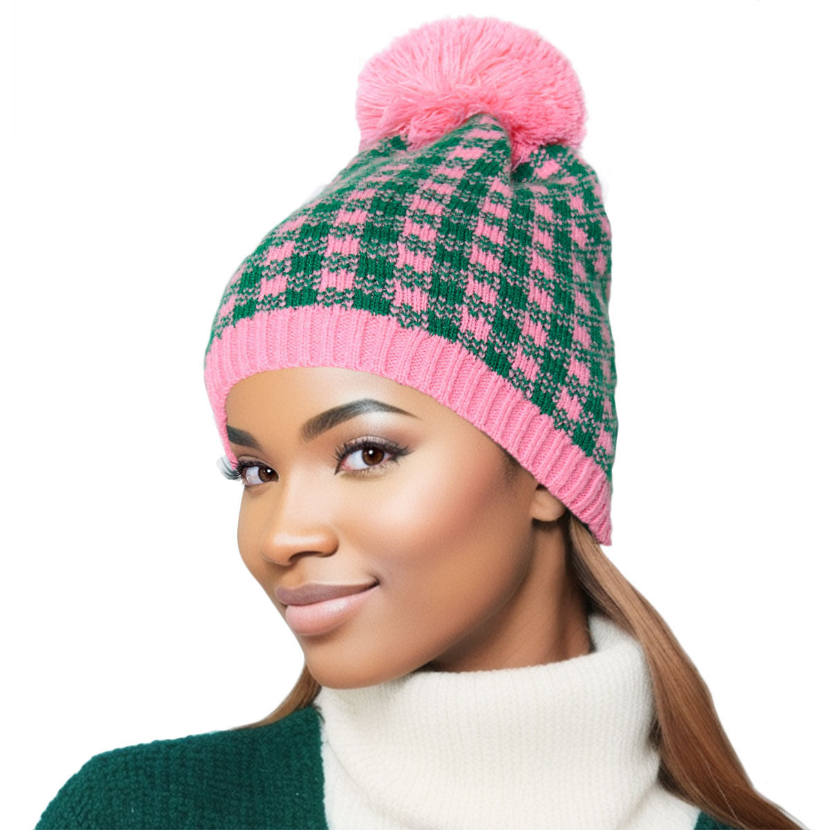 Pink Green Checkered Beanie