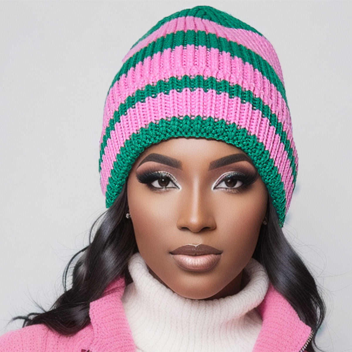 Pink Green Stripe Knit Beanie