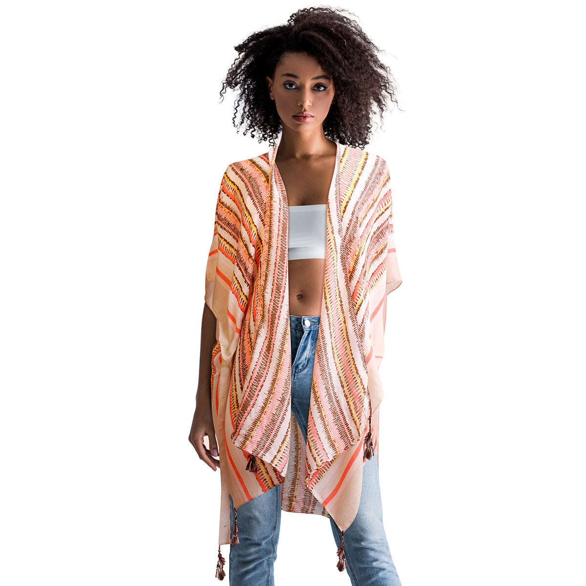 Beige Tribal Stripe Print Kimono