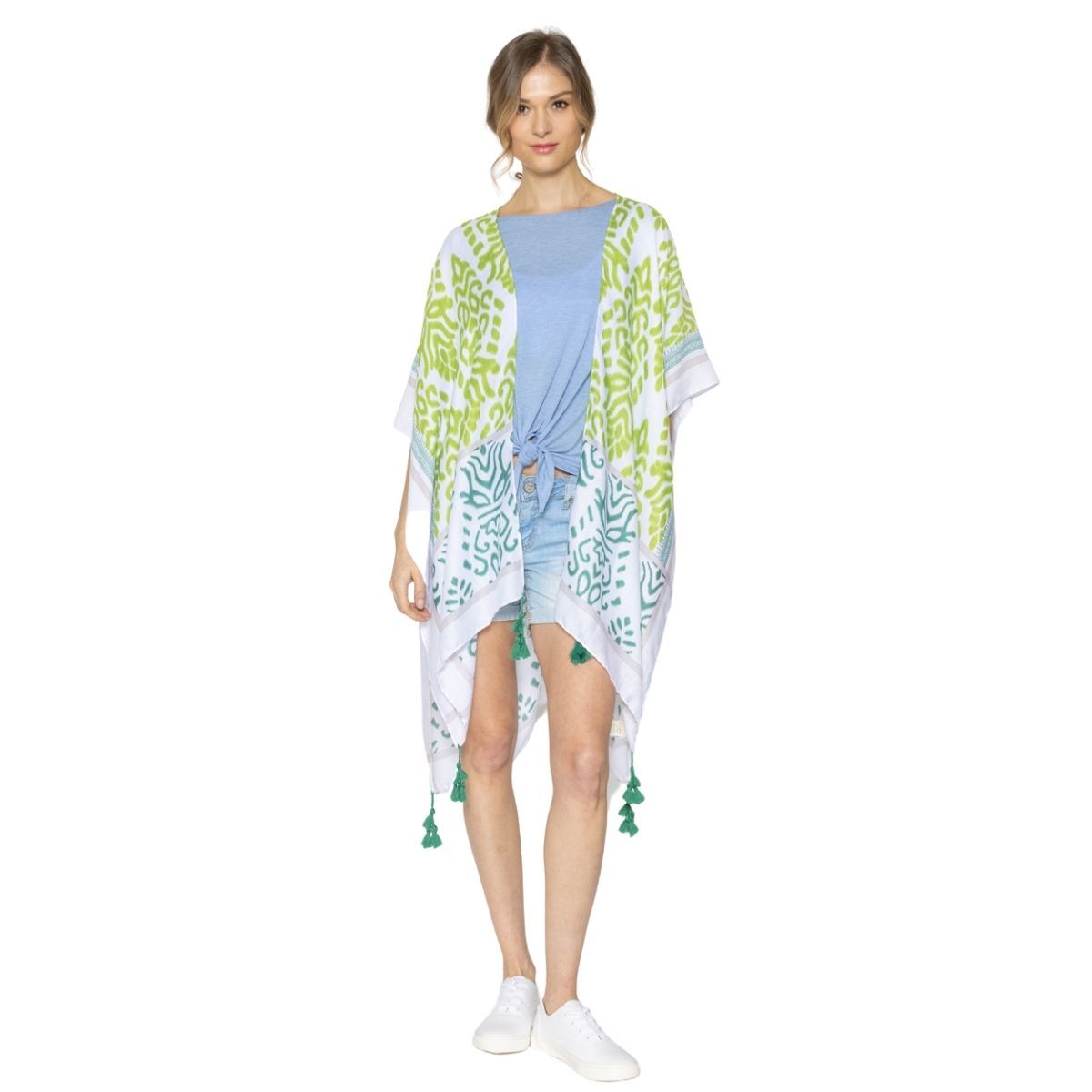 Green Damask Print Tassel Kimono