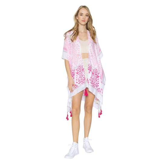 Pink Damask Print Tassel Kimono