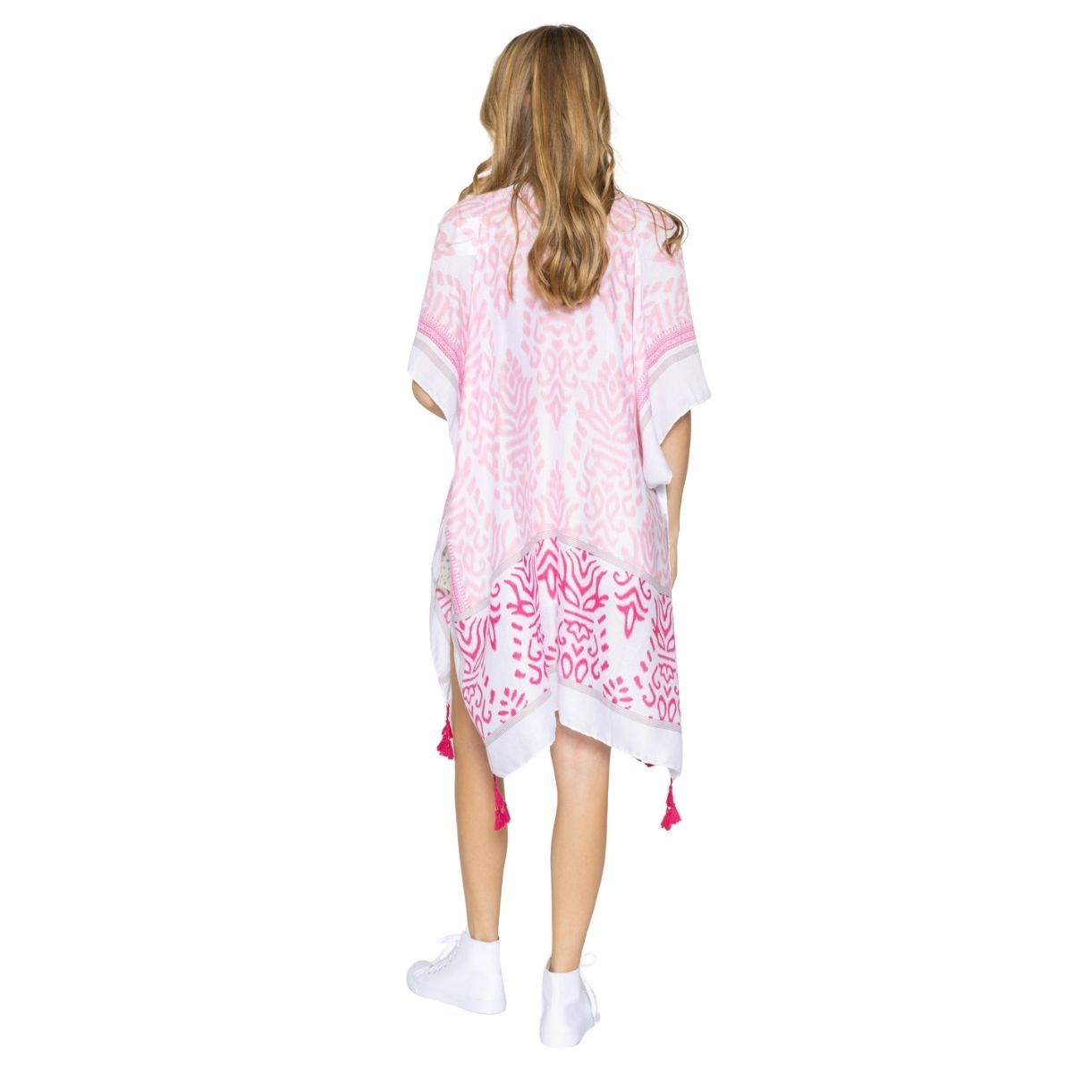 Pink Damask Print Tassel Kimono