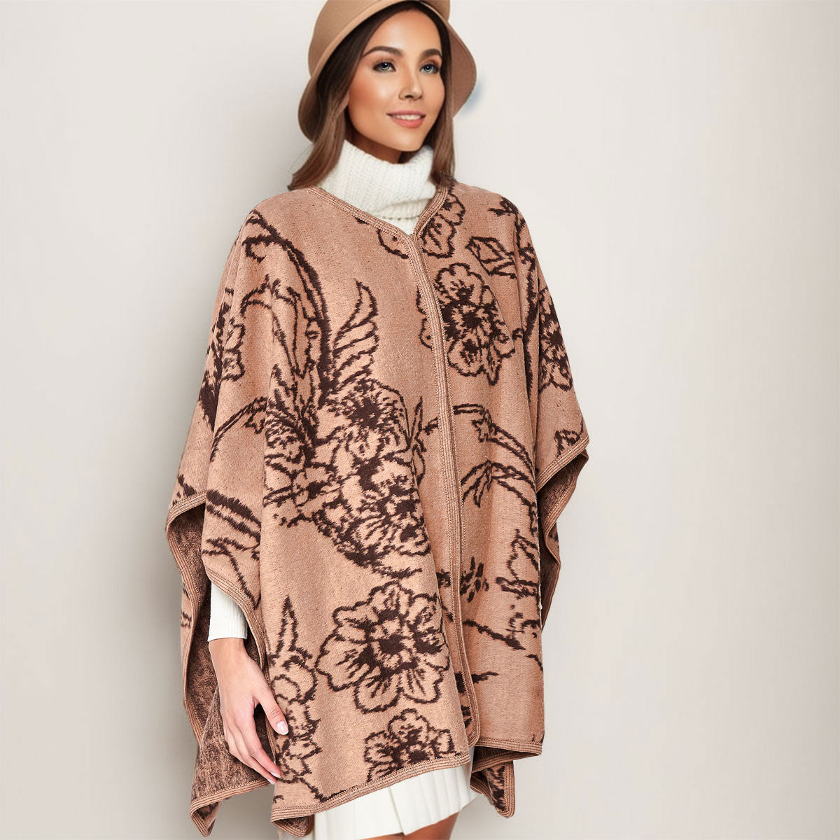 Kimono Ruana Acrylic Camel Flower Knit For Women