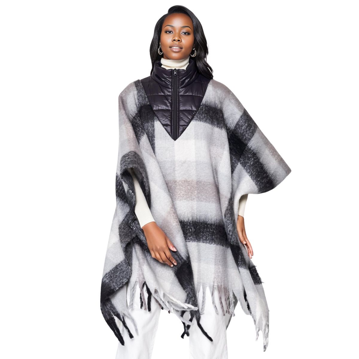 Poly Black Plaid Long Zip Fringe Poncho  for Women