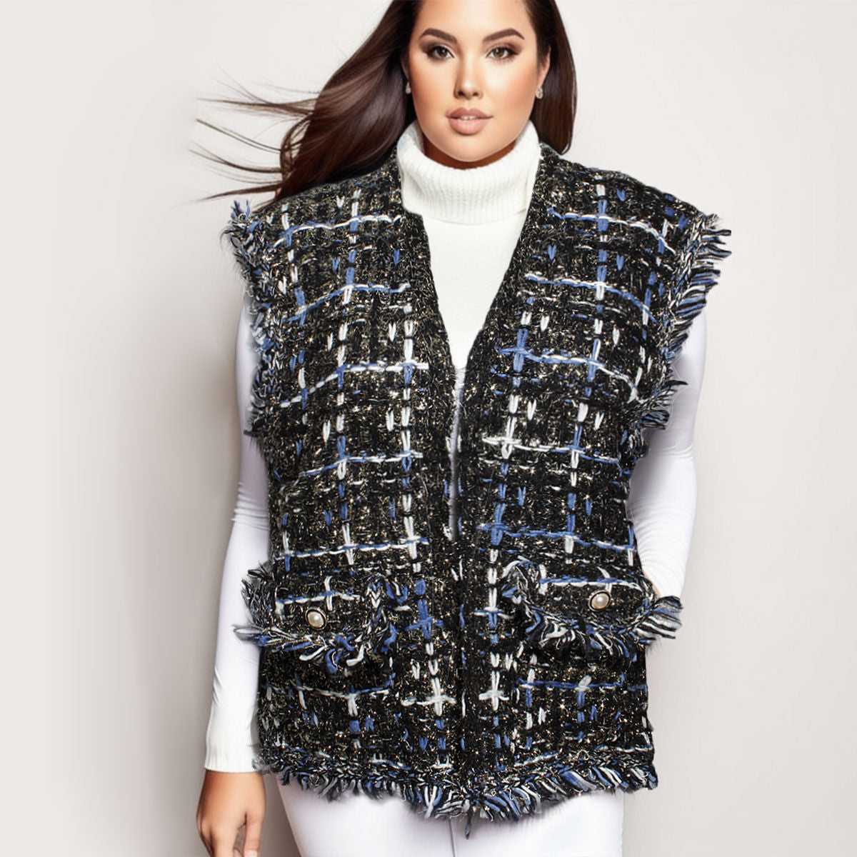 Silver Threaded Festive Tweed Black Vest for Women