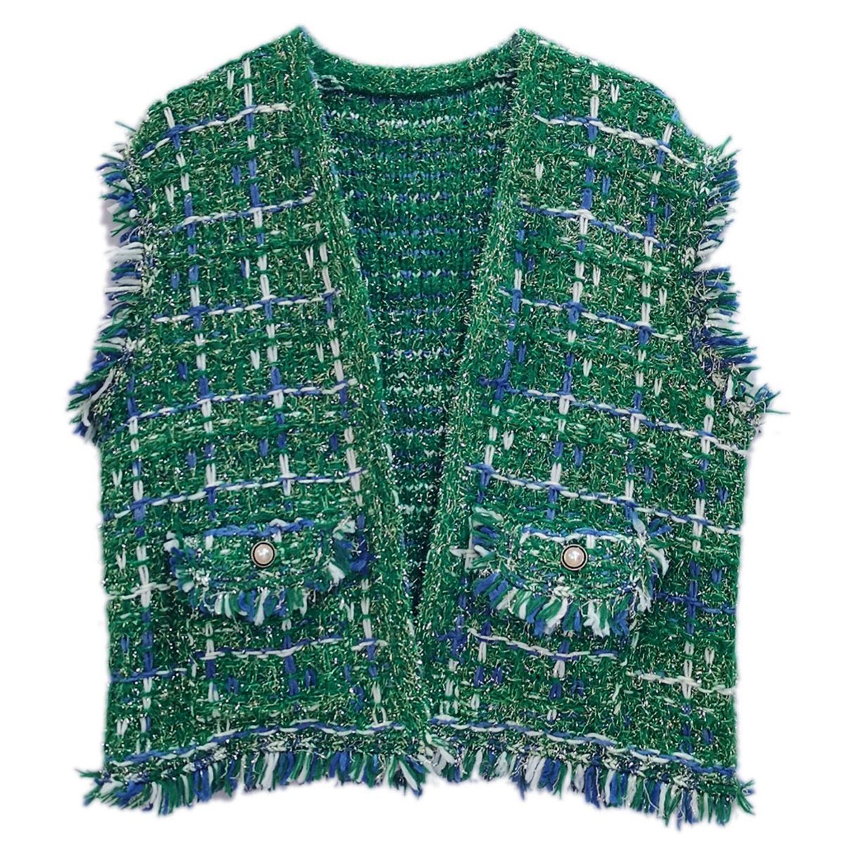 Silver Threaded Festive Tweed Green Vest for Women