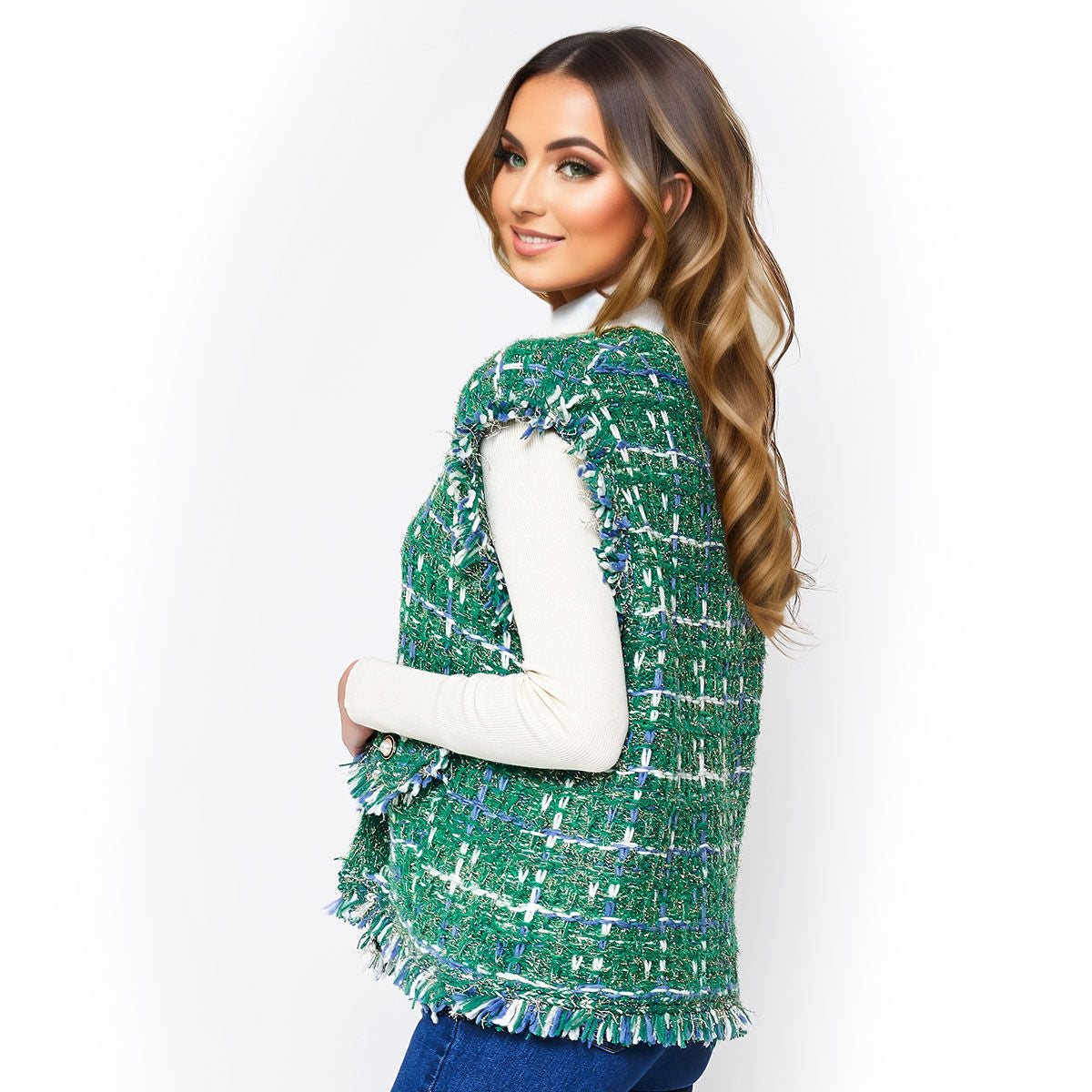 Silver Threaded Festive Tweed Green Vest for Women