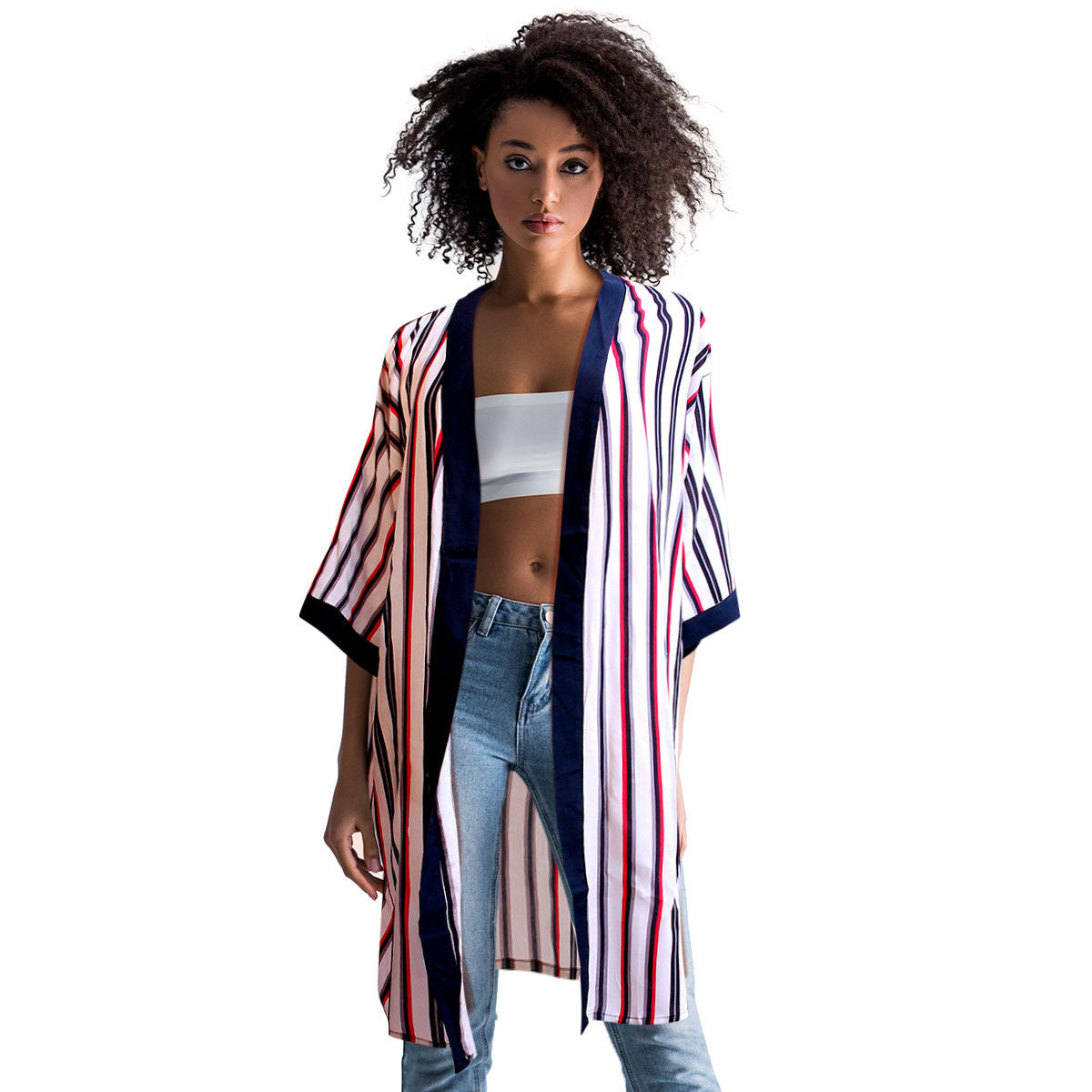 White and Navy Pin Stripe Kimono