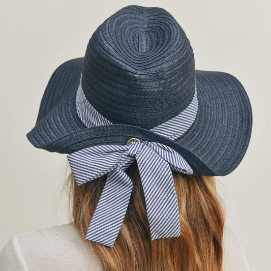 Navy Striped Bow Fedora Hat