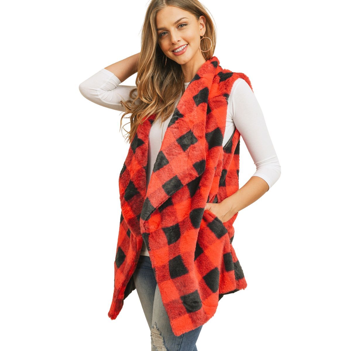 Red Buffalo Plaid Faux Fur Vest